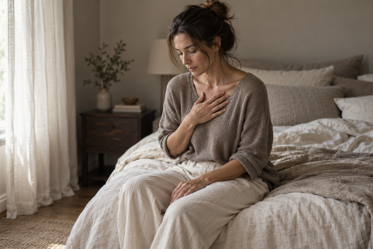 Woman sitting on her bed with a hand on her chest, pausing to notice her breathing: a moment of nervous system regulation